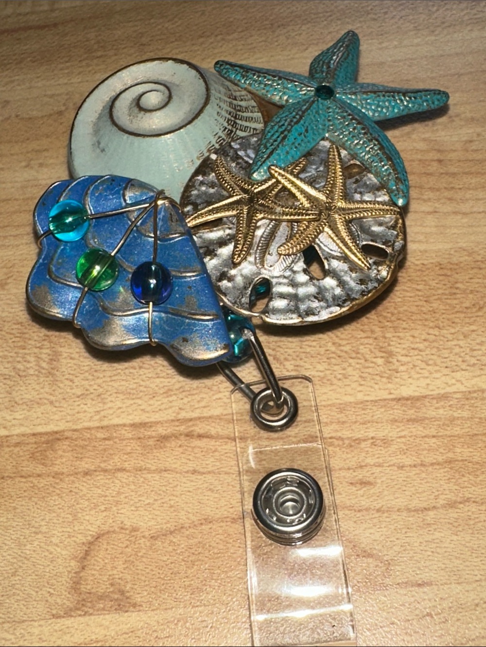 Beach Theme Starfish and Shell Badge Reel - Blue, Teal, Gold